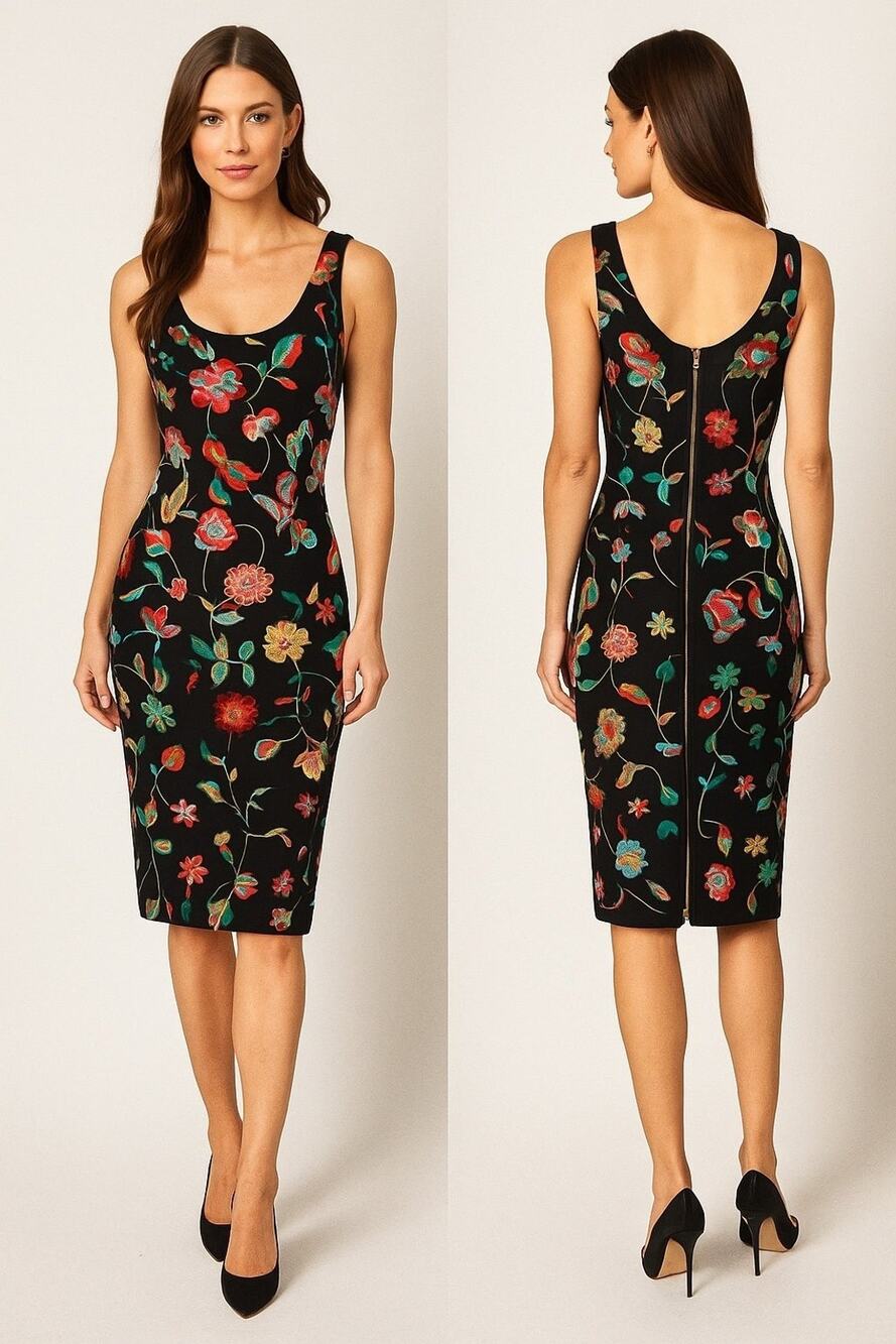 Nicole Miller New York Embroidered Floral Sheath Dress Size 8 Black